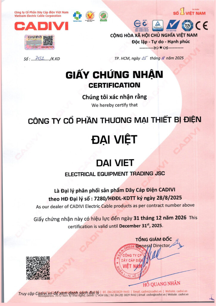 Giấy chứng nhận đại lý cấp 1 CADIVI của thương hiệu Đại Việt
