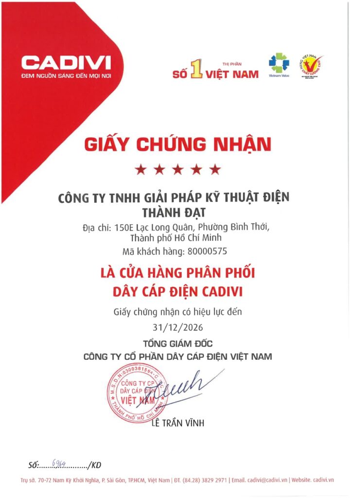 Giấy chứng nhận đại lý cấp 1 CADIVI của thương hiệu Đại Việt