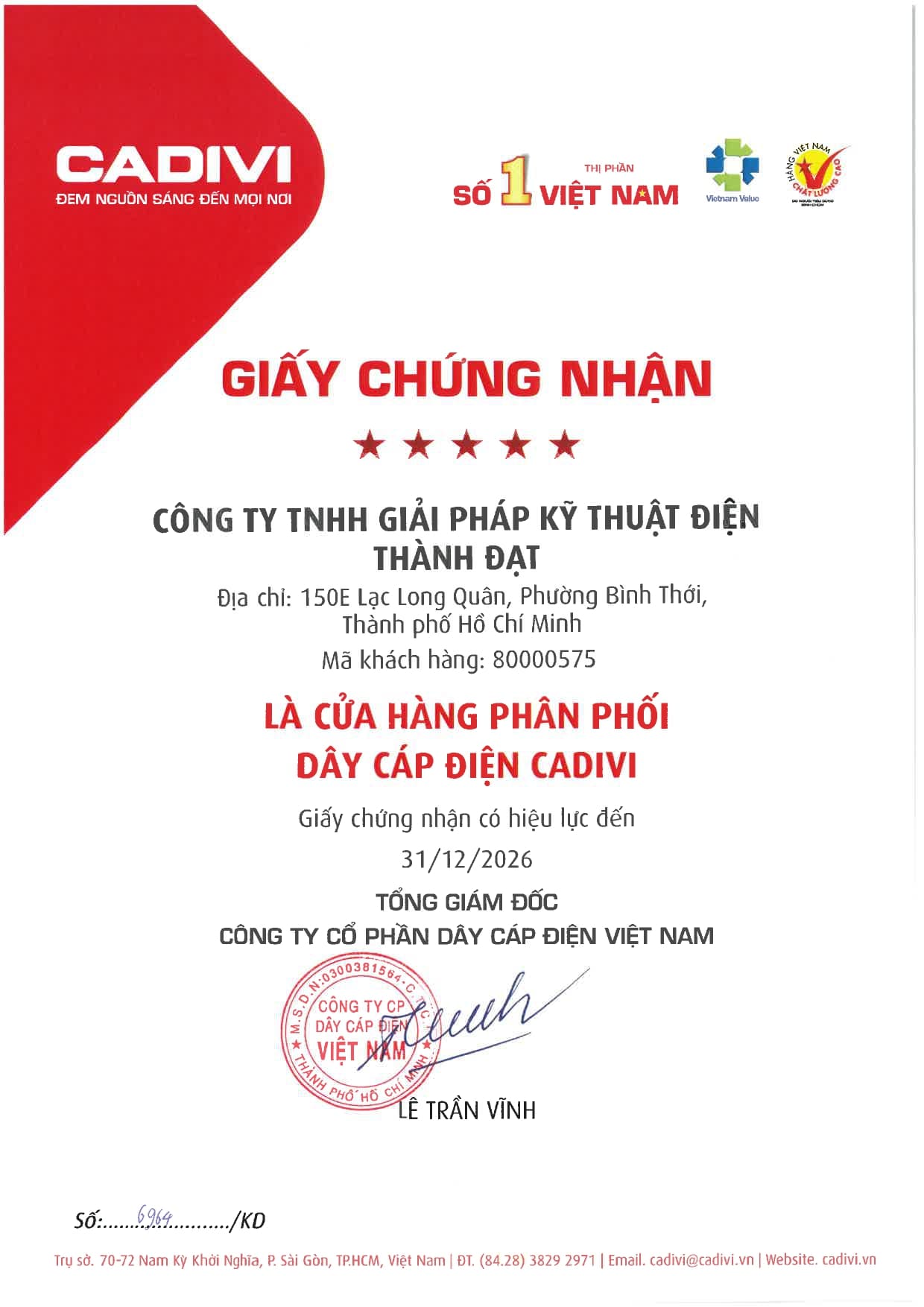 Giấy chứng nhận đại lý cấp 1 CADIVI của thương hiệu Đại Việt