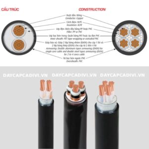Cấu trúc Cáp CXV DSTA CADIVI 2-4 lõi ngầm hạ thế