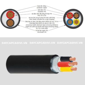 Cấu tạo dây cáp 3 pha 4 lõi CVV/DSTA CADIVI bọc đồng hạ thế 0,6/1KV